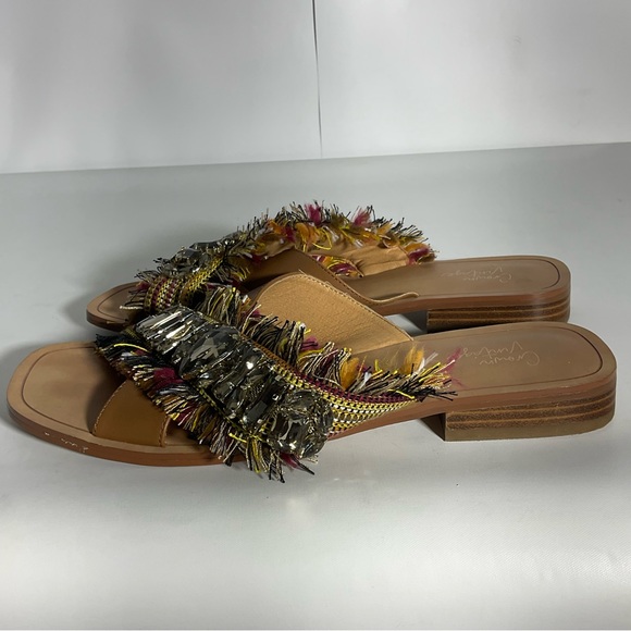 Crown Vintage Somaya Fringe Boho Jeweled Slip on Leather Open Toe Sandals Tan 9M - Picture 14 of 16